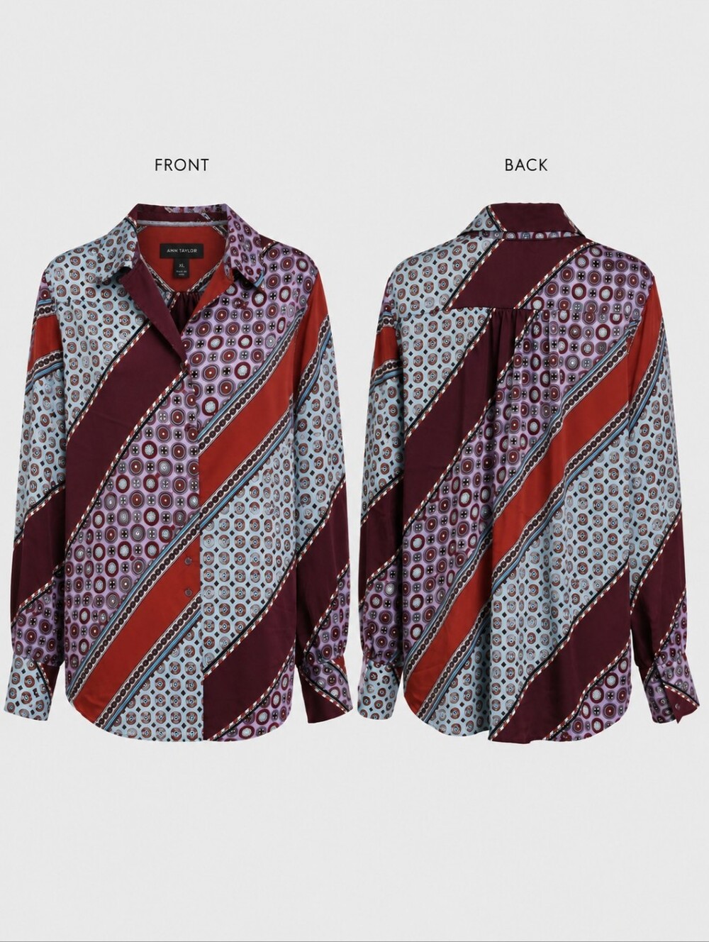 Ann Taylor Satin Blouse XL | Multicolor Boho Print | Cuffed Sleeves | Like New - Picture 5 of 9